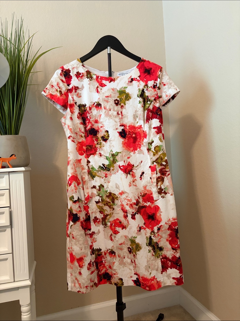 Liz Claiborne Floral Shift Dress - White with Red & Green Accents